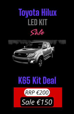 FROM 2013 "K65 Deal includes K65, H4, H11 fog lights, park lights, and number plate lights, as well as W5W reversing bulbs, P21W bulbs, and a Toyota Keyring."